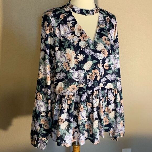 Navy Blue Floral Long Sleeve Top Key Hole Neck L - Picture 5 of 11
